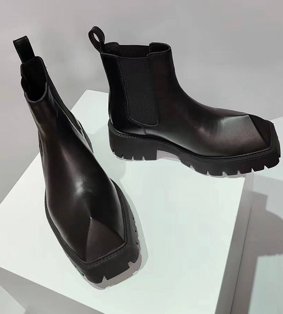 Square-Toe Lug Sole Chelsea Boots