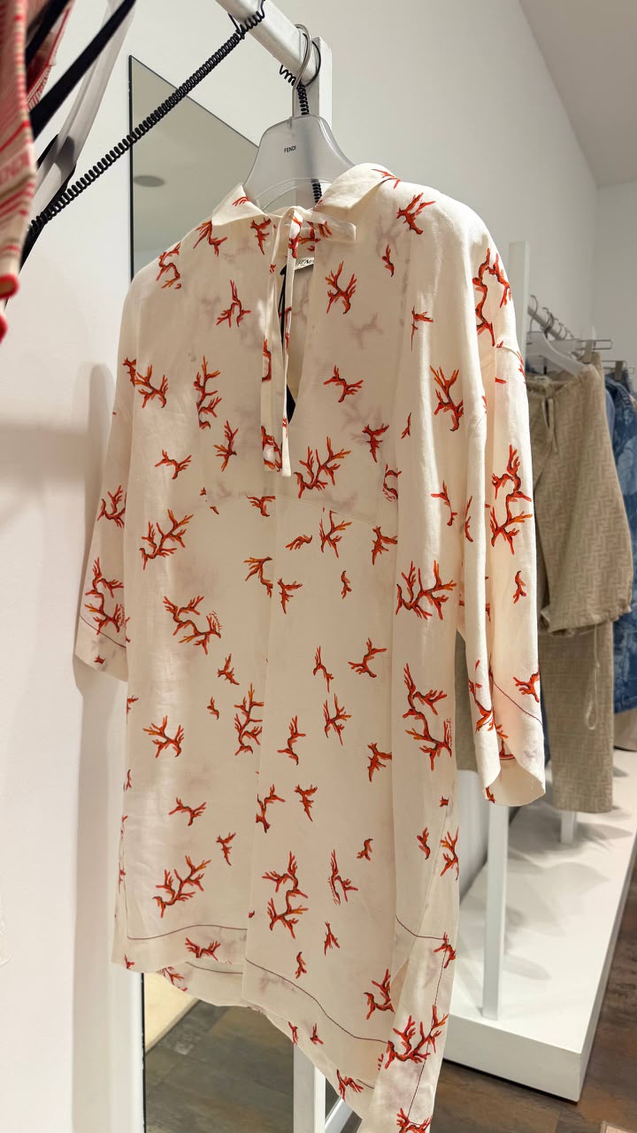 Coral-print linen tunic