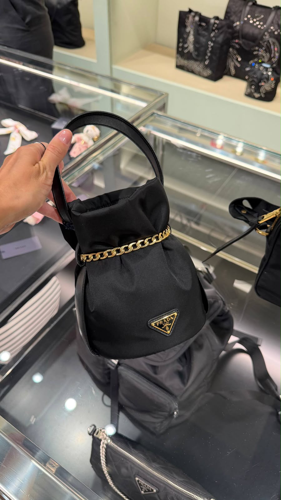 Re-Nylon and Leather Bucket Bag