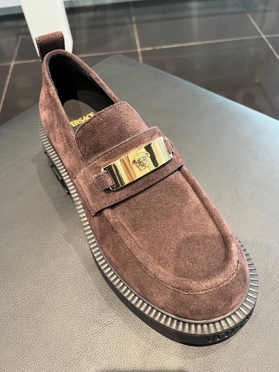 Medusa Plaque Suede Loafers