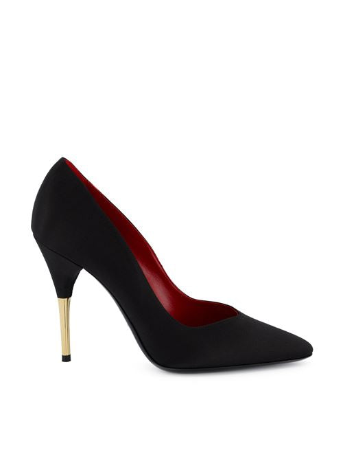 Black Satin Stiletto Pumps with Gold Heel
