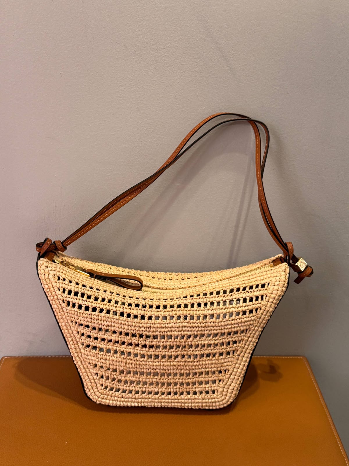 Anagram Cut-Out Pocket Bag in Raffia and Calfskin