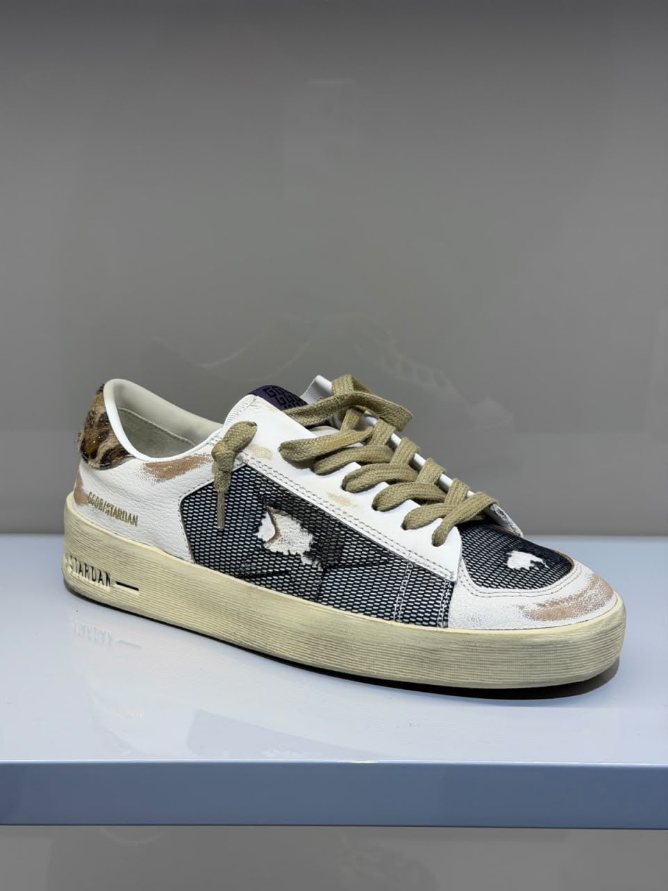 Stardan Sneakers in White Leather with Mesh and Leopard Print Heel