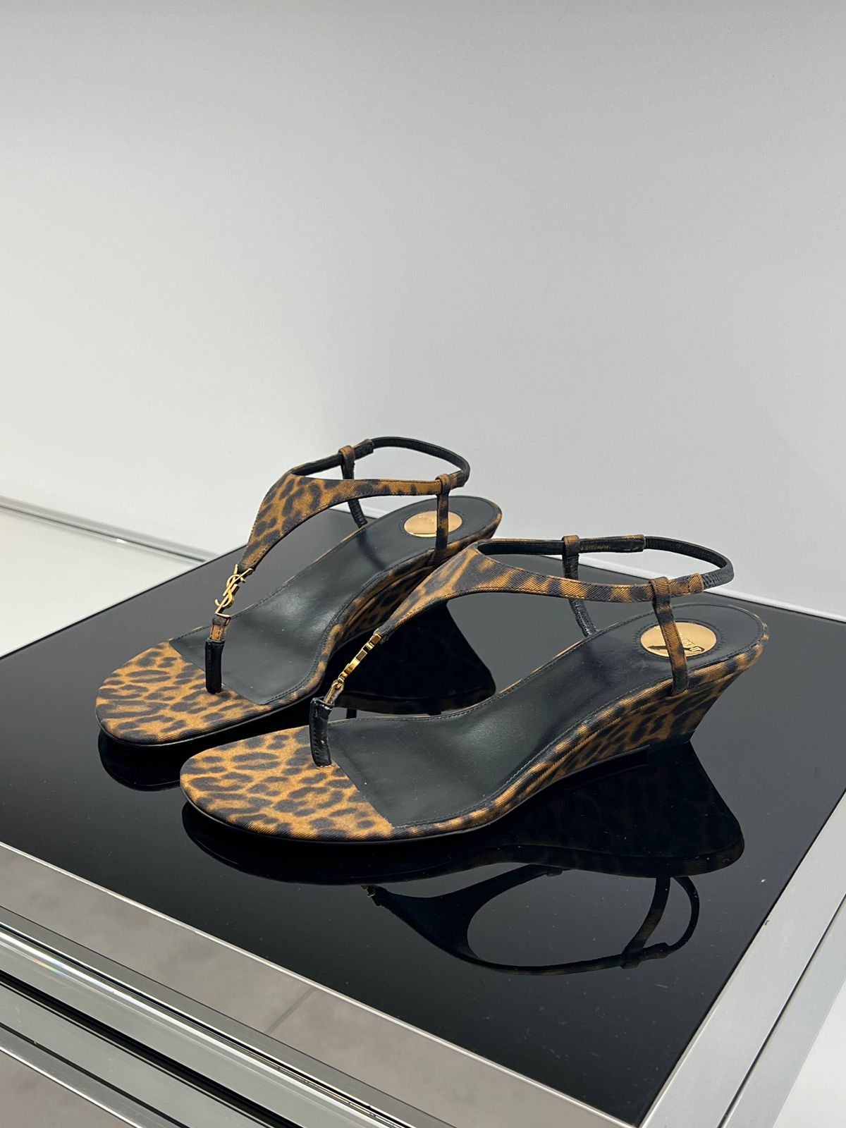 Cassandra Thong Wedge Sandals in Leopard-Print Canvas