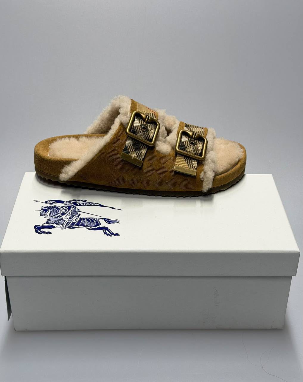 Check Shearling-Lined Slides