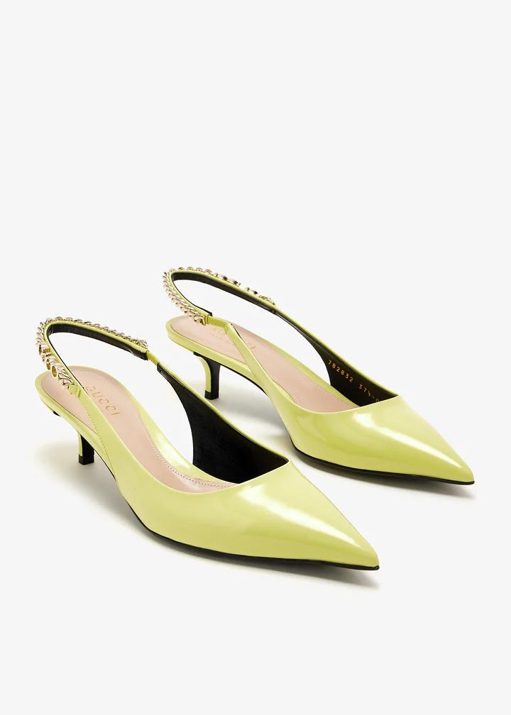 Chain-Embellished Patent Leather Slingback Pumps