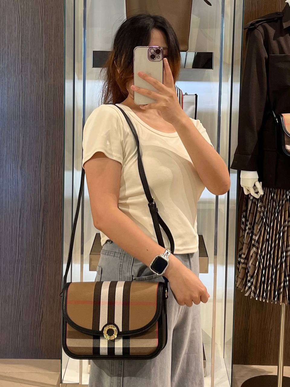 Note Check and Leather Crossbody Bag