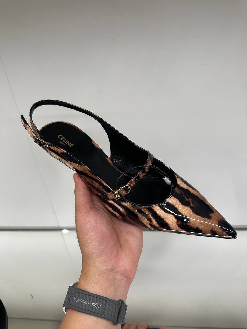 Triomphe Slingback Pumps in Leopard Print Patent Calfskin