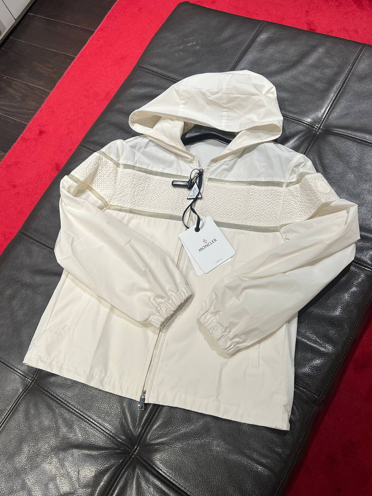 Moncler White Hooded Windbreaker with Textured Panel