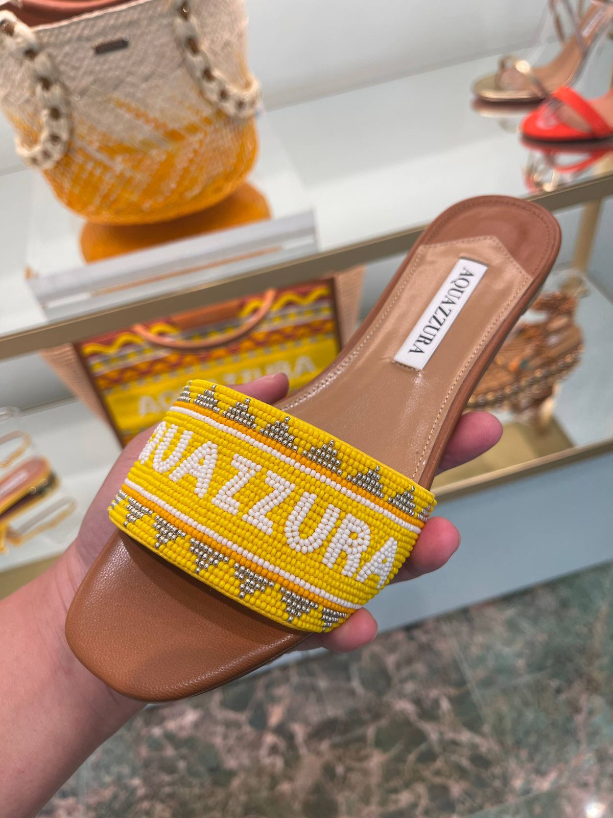 Aquazzura Beaded Logo Slide Sandals