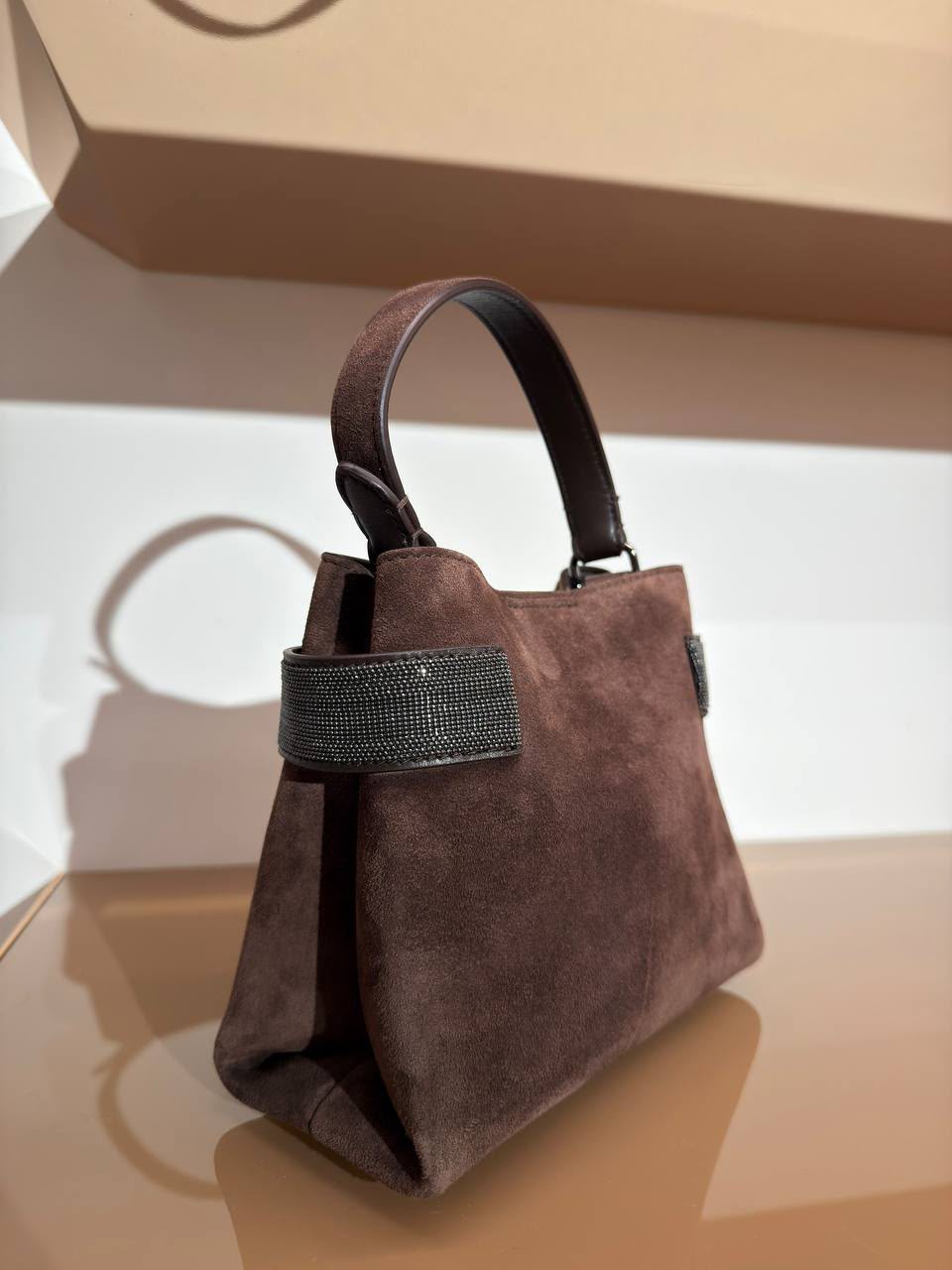 Suede Handbag with Monili Detail