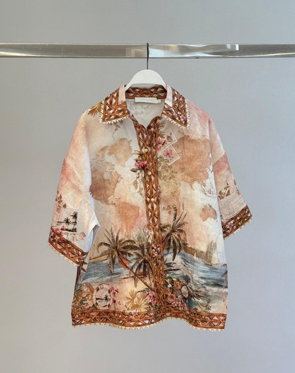 Vintage Map and Tropical Print Button-Up Shirt