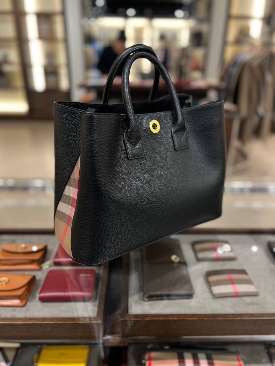 Medium Leather and House Check Tote Bag