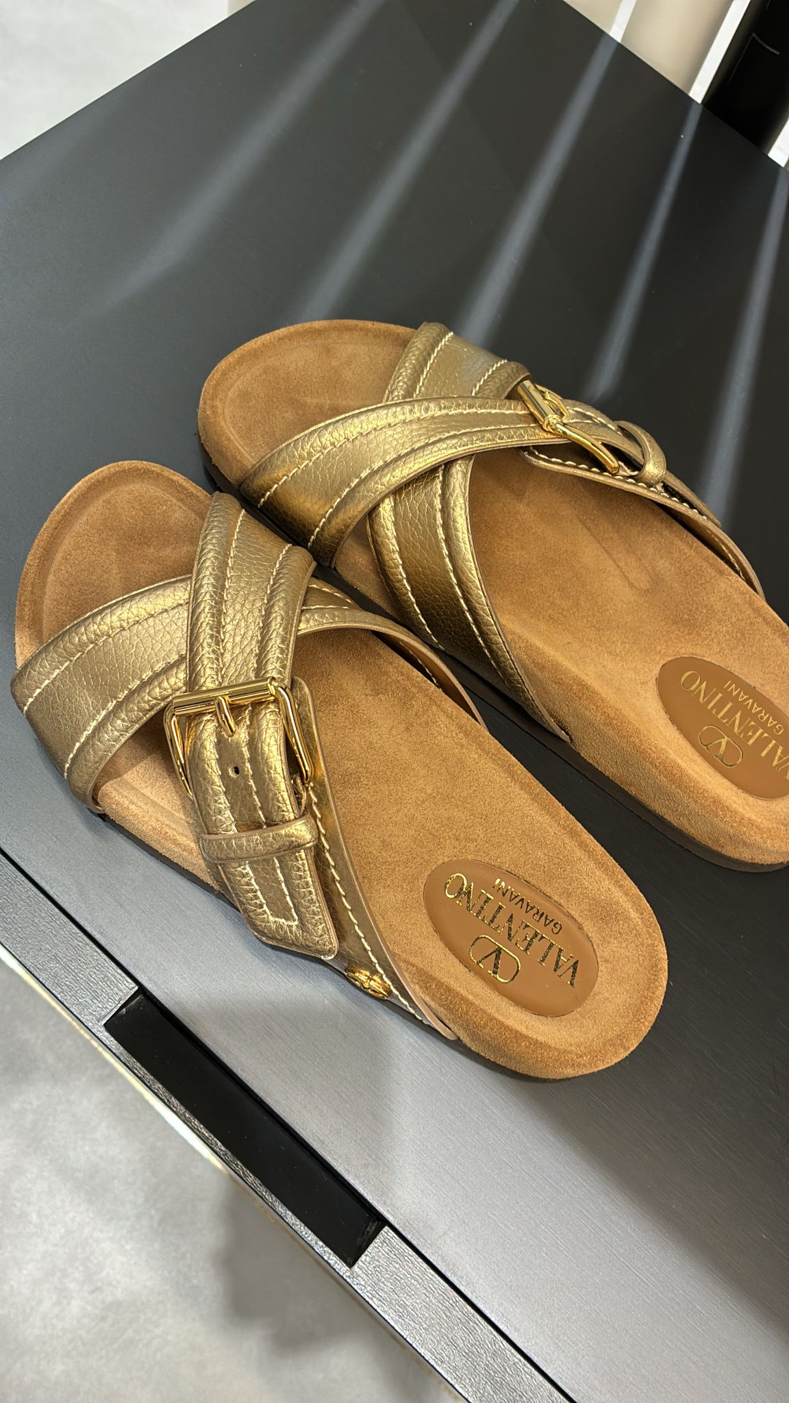 Metallic Leather Slide Sandals