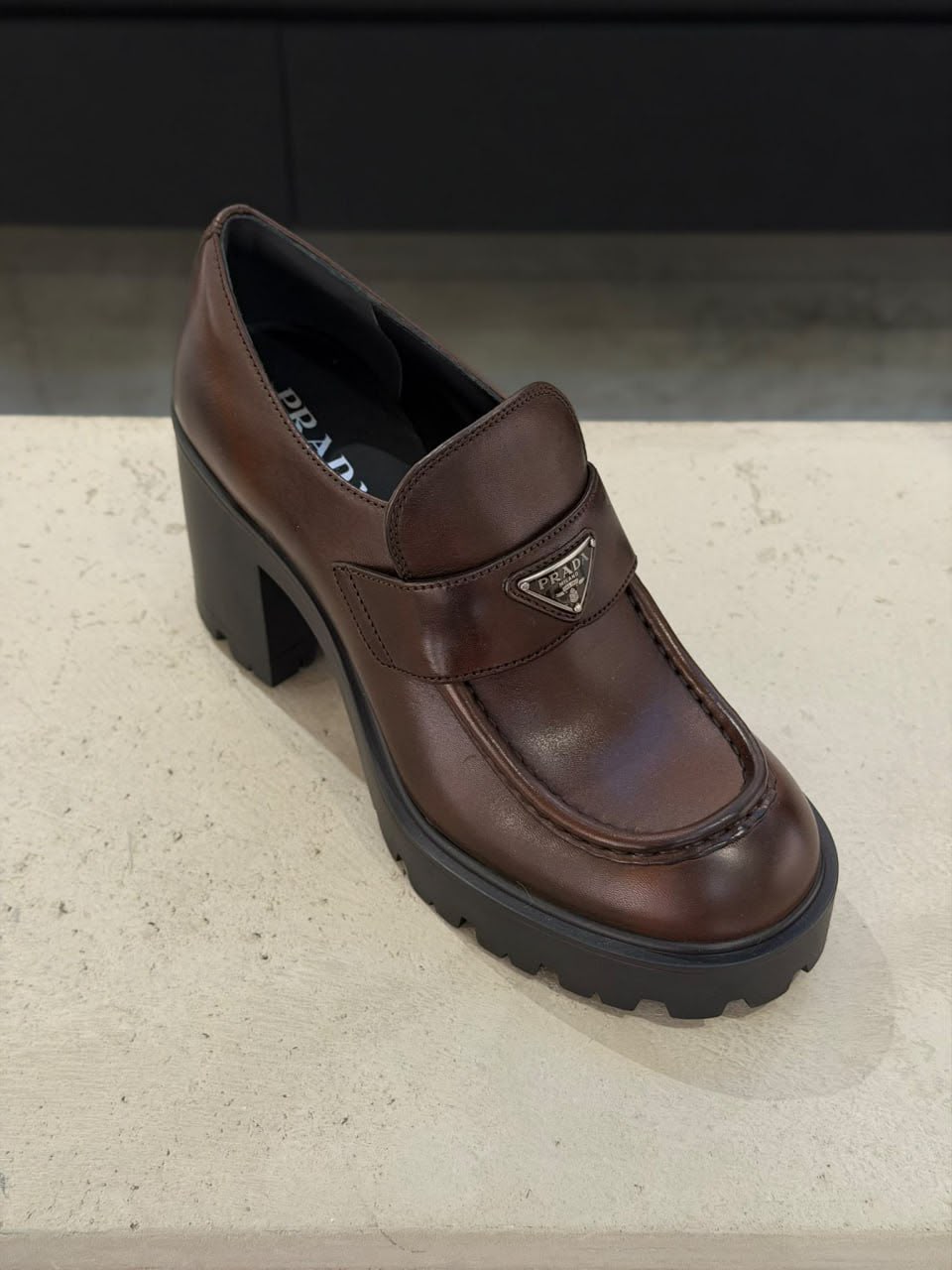 Brushed leather block heel loafers