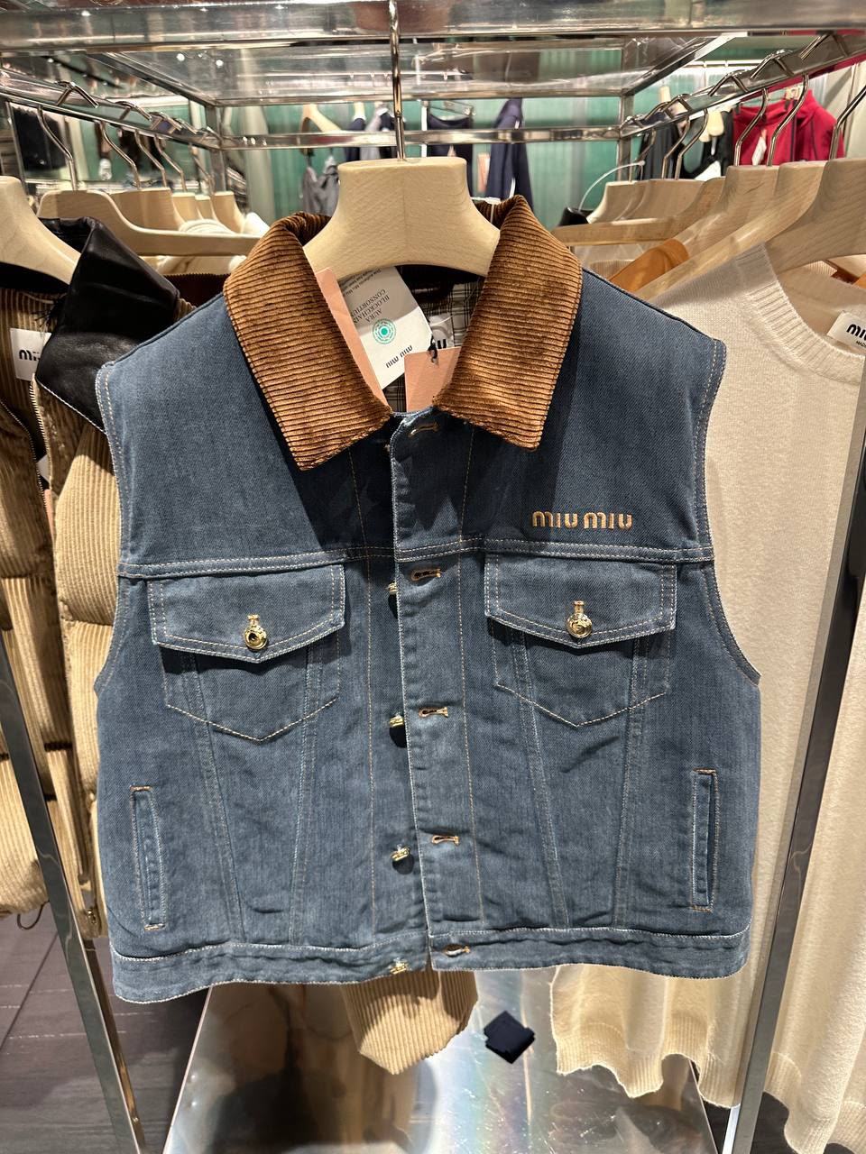 Denim vest with corduroy collar