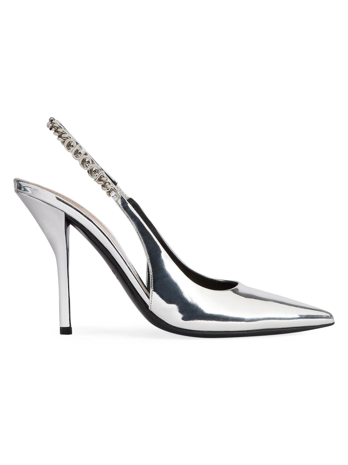 Chain-Embellished Metallic Leather Slingback Pumps
