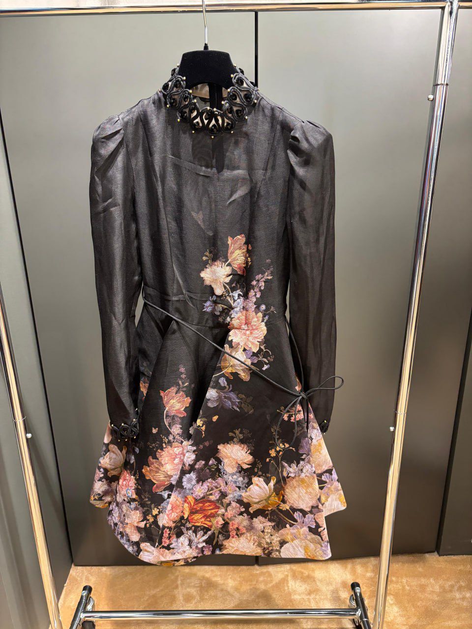 Floral-print long-sleeve mini dress with embellished collar
