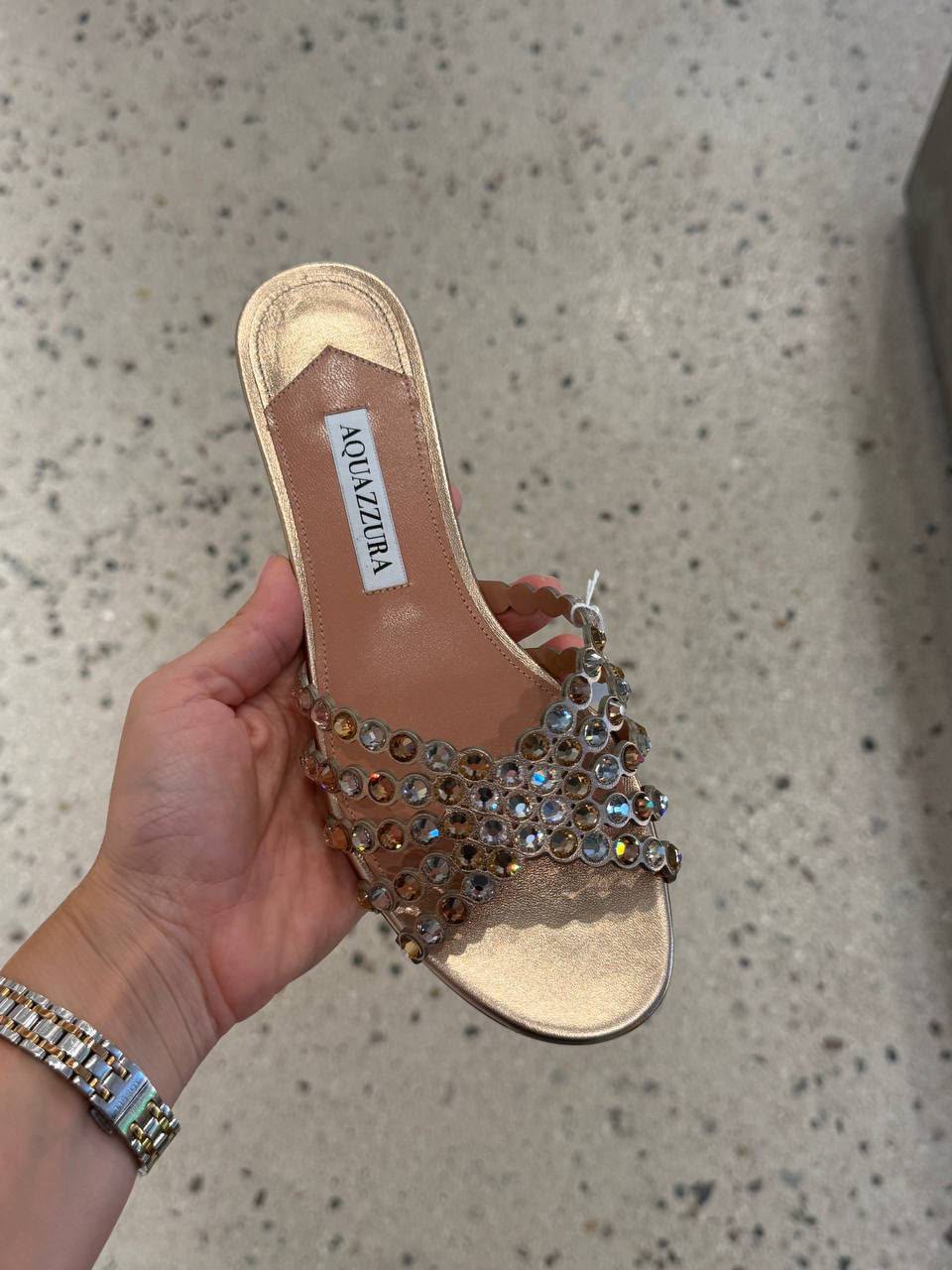 Crystal-Embellished Metallic Leather Slides