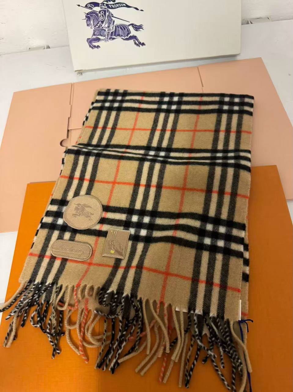 Check Cashmere Scarf with Rose and Logo Appliqué