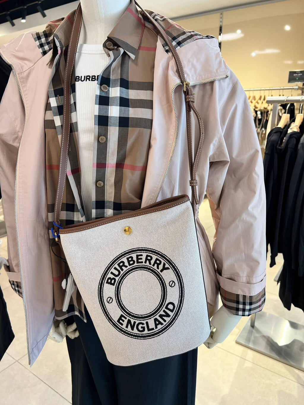 Check Canvas and Leather Bucket Bag