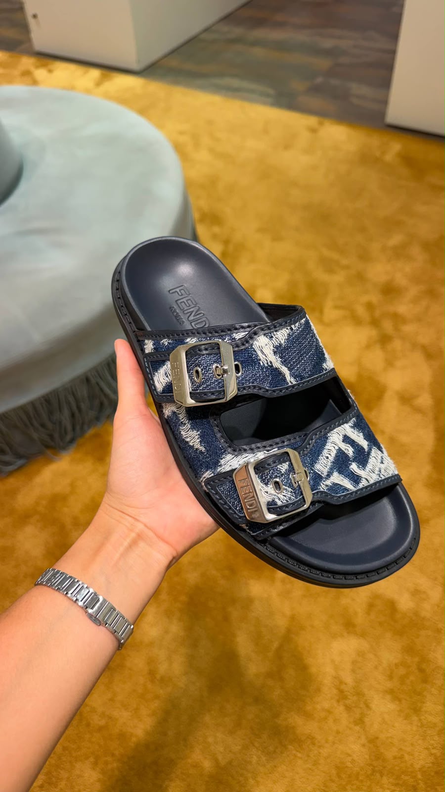 Buckle Slides in Denim