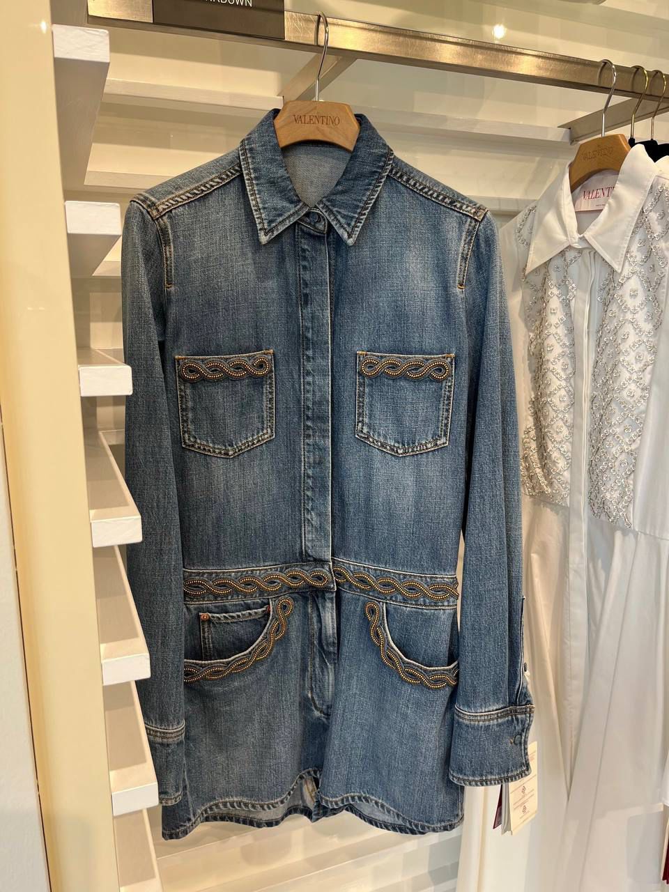 Denim Mini Dress with Braided Trim