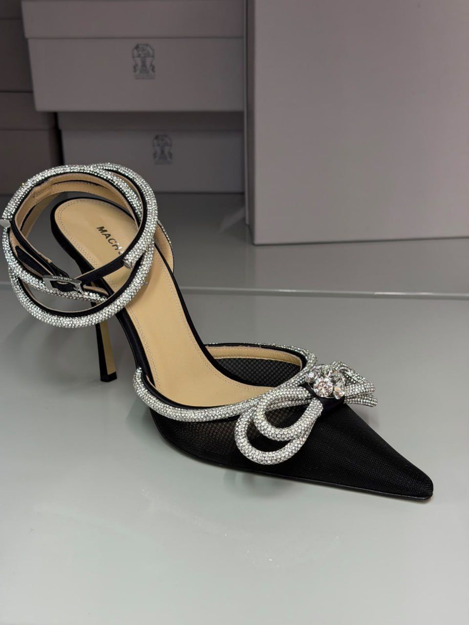 Double Bow Crystal-Embellished Satin Pumps