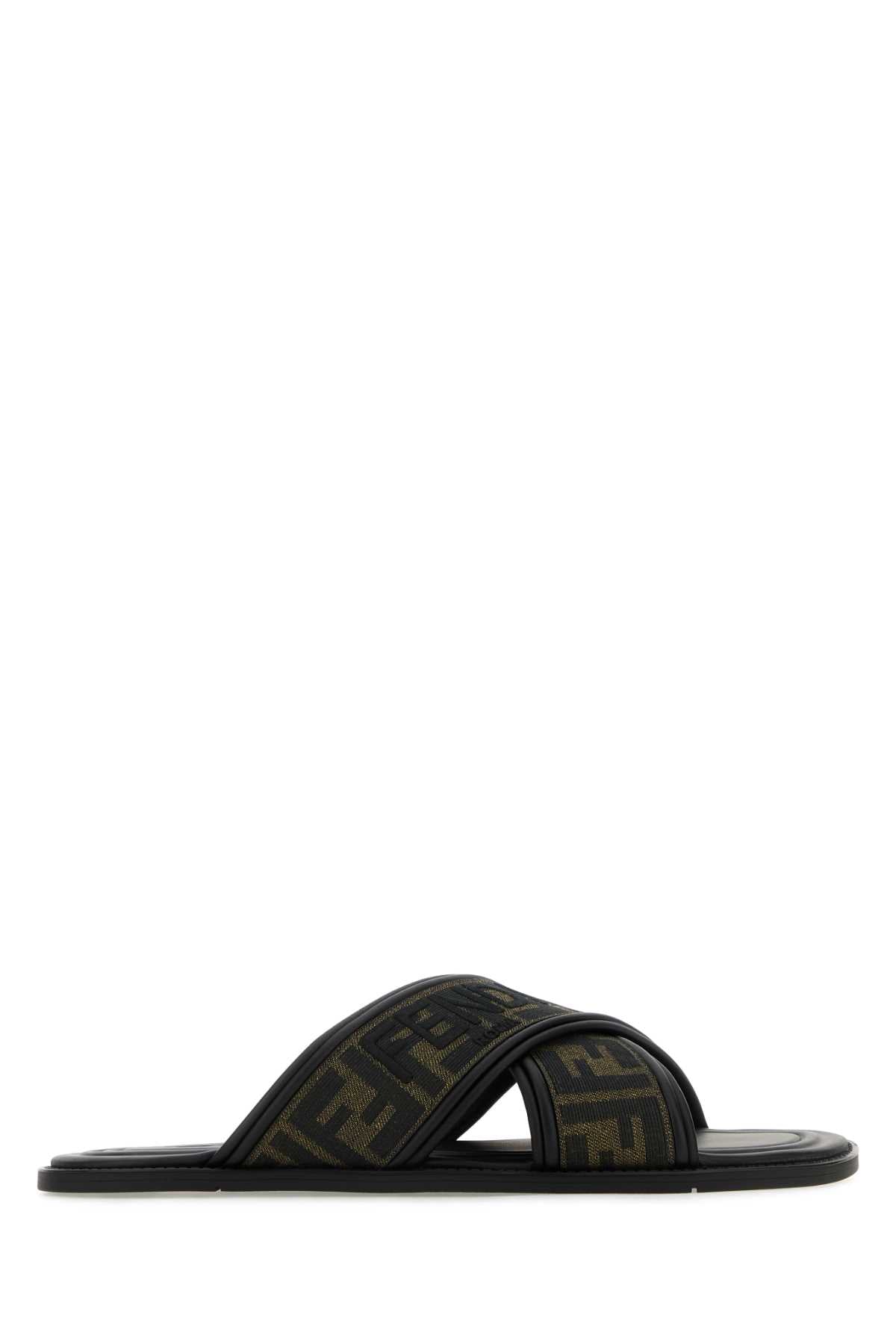 FENDI SLIDE TESS.JACQ.FF+RIC.LOGO For Men Exterior: 100% Fabric Interior: 100% Leather Sole: Rubber