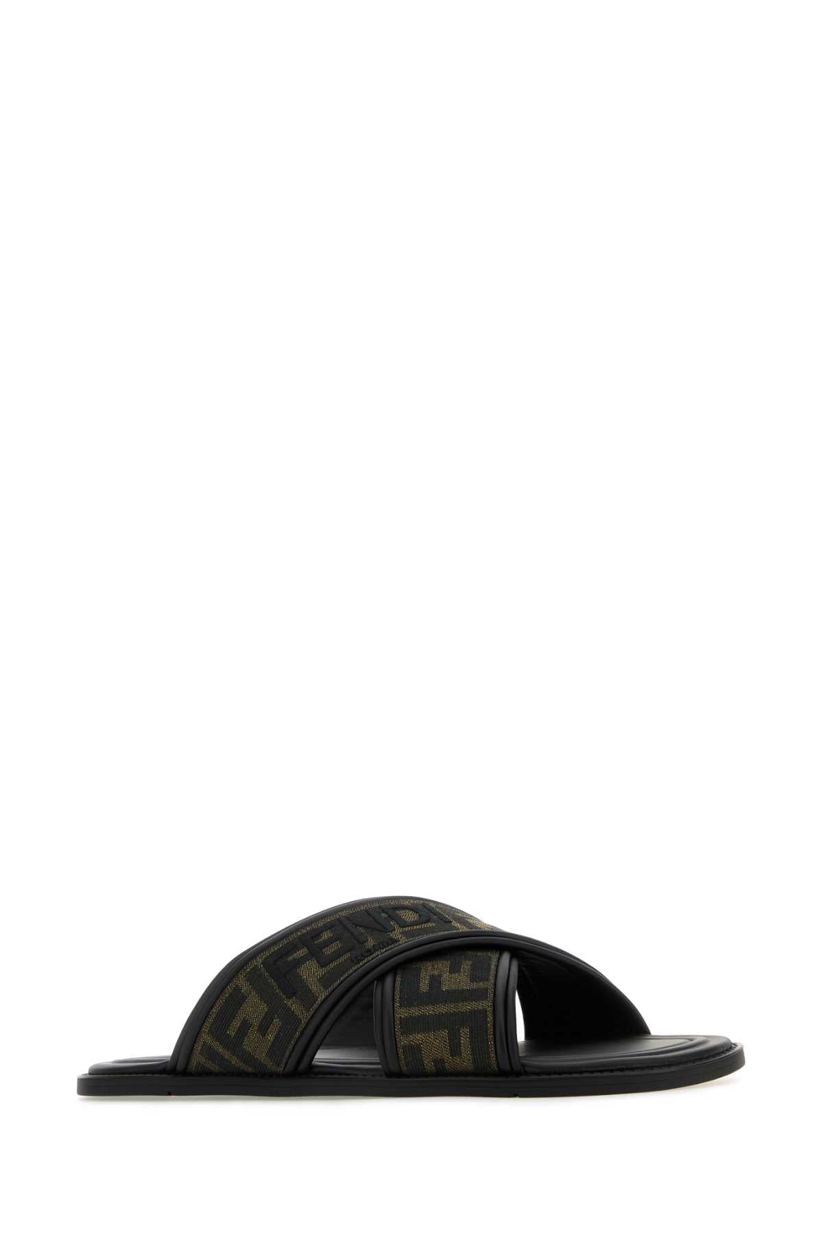 FENDI SLIDE TESS.JACQ.FF+RIC.LOGO For Men Exterior: 100% Fabric Interior: 100% Leather Sole: Rubber