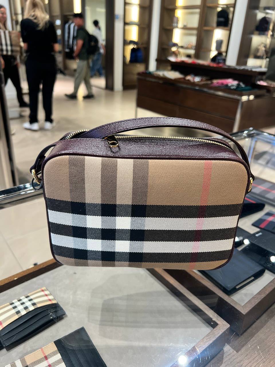 Check and Leather Camera Bag