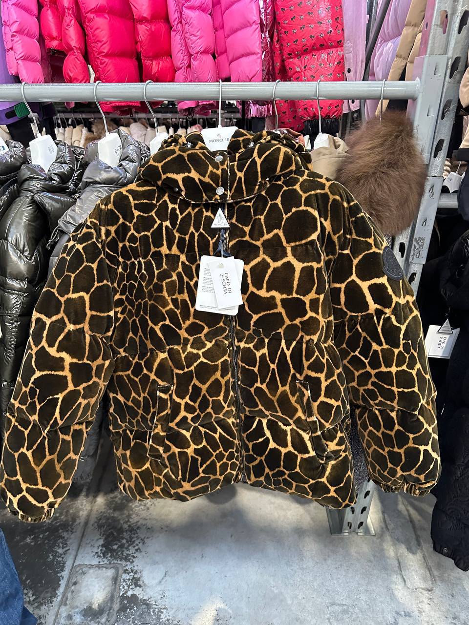 Giraffe Print Velvet Puffer Jacket