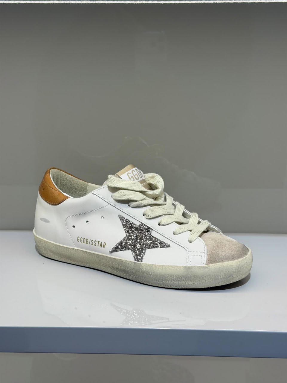 Super-Star Sneakers in Black Leather with Black Suede Star and Glitter Heel Tab