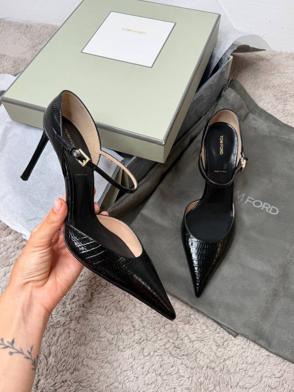 Croc-Embossed Leather Ankle-Strap Pumps