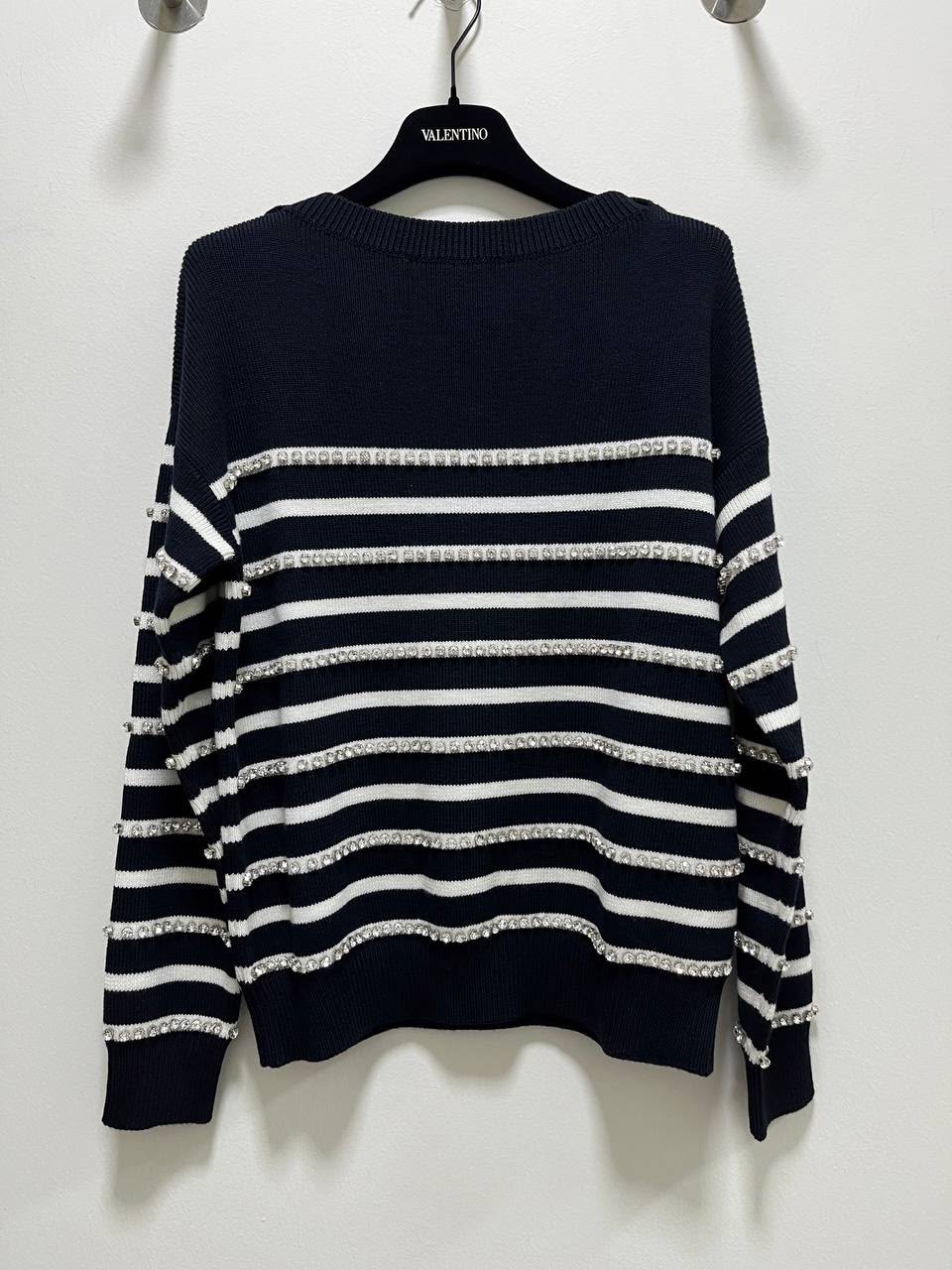 Striped Wool Sweater with Rhinestone Embellishments