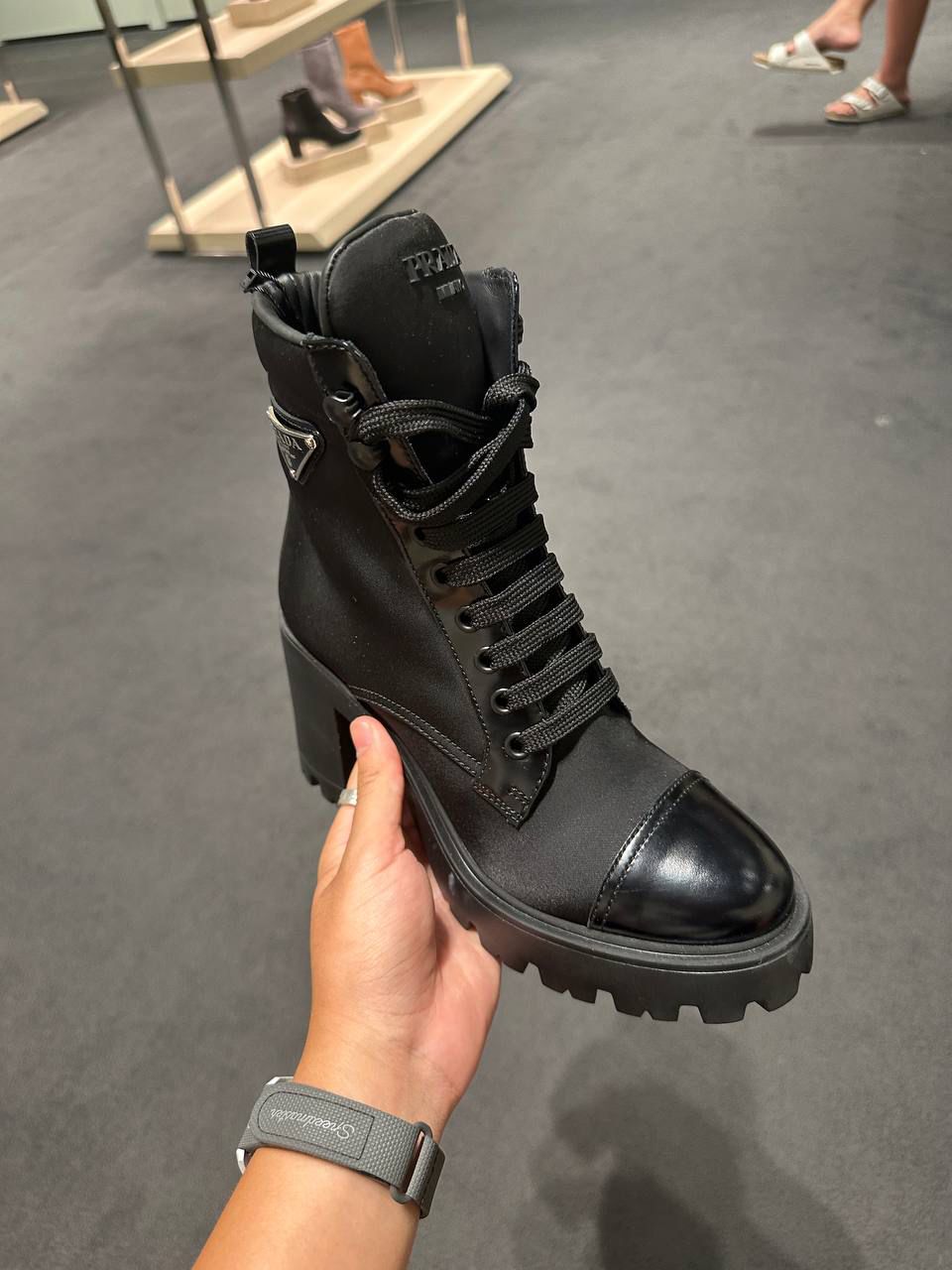 Monolith satin and leather booties