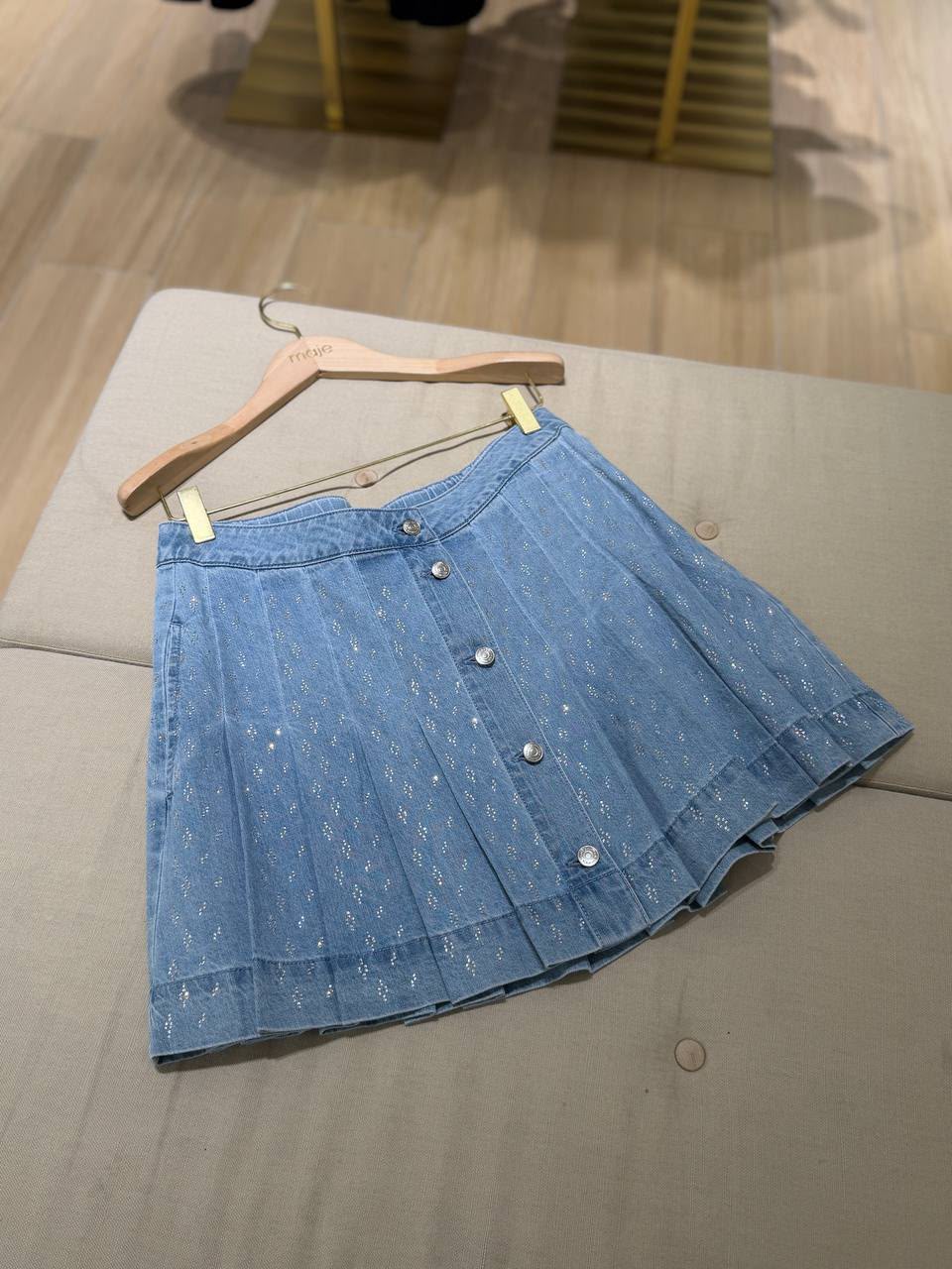 Rhinestone-embellished pleated denim skirt