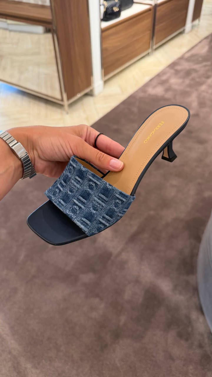 Gancini Denim Kitten Heel Mules