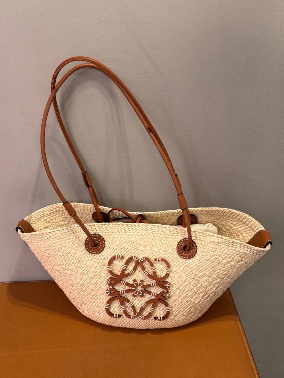 Anagram Basket Bag in Raffia and Calfskin