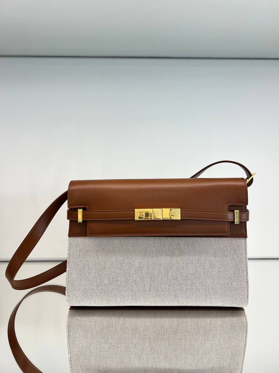Manhattan Small Shoulder Bag in Box Leather and Canvas