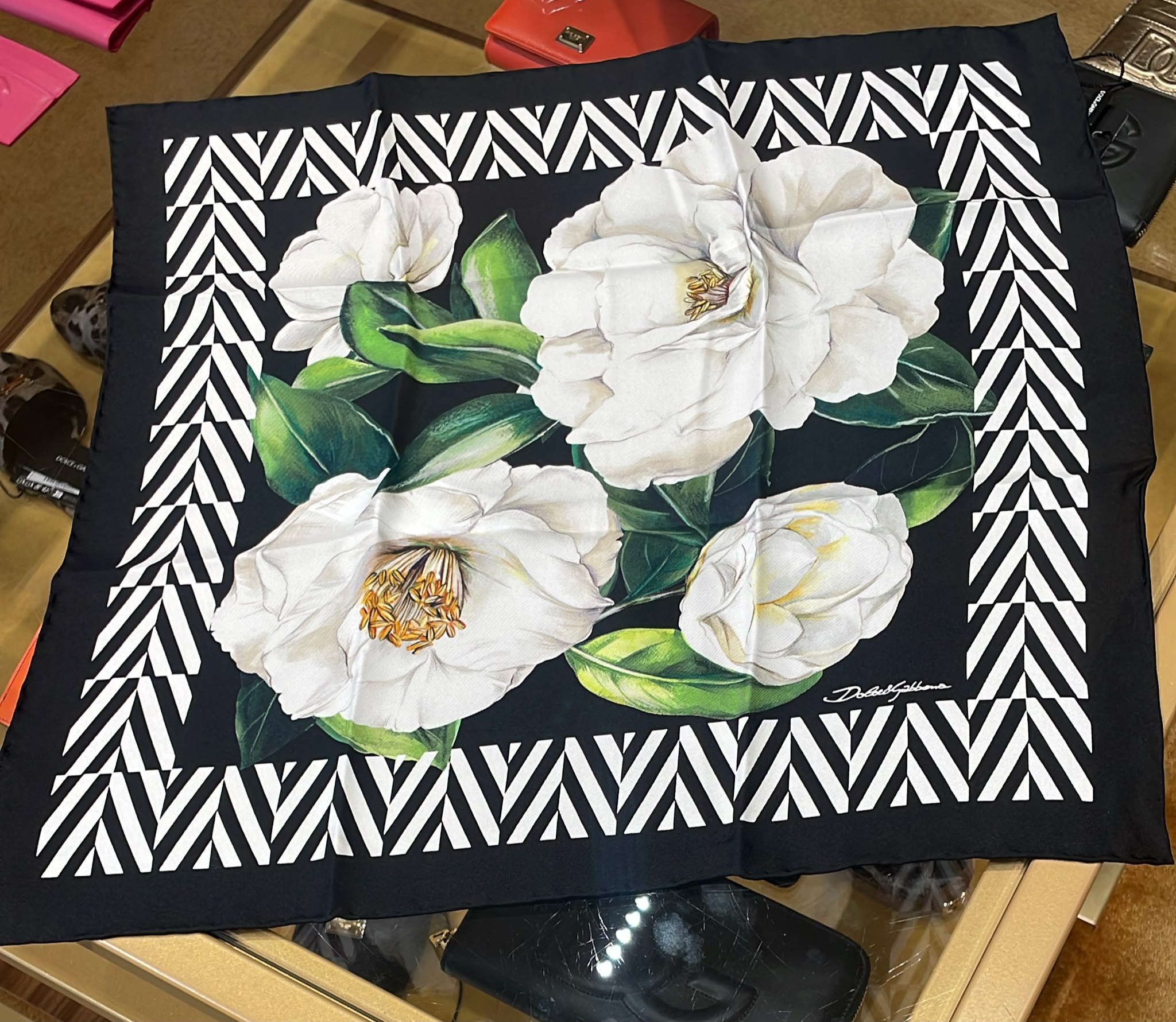 Camellia-print silk twill scarf