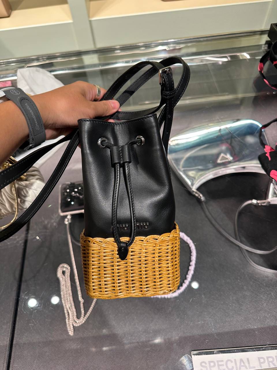 Wicker and Leather Bucket Bag