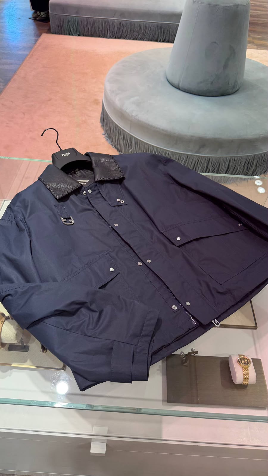 Navy Technical Fabric Jacket with Leather Collar