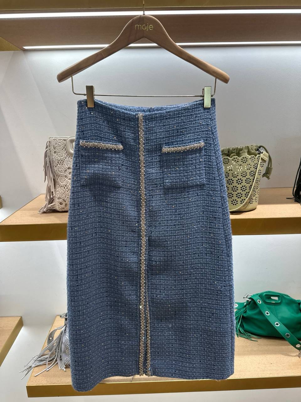 Tweed midi skirt with rhinestone trim