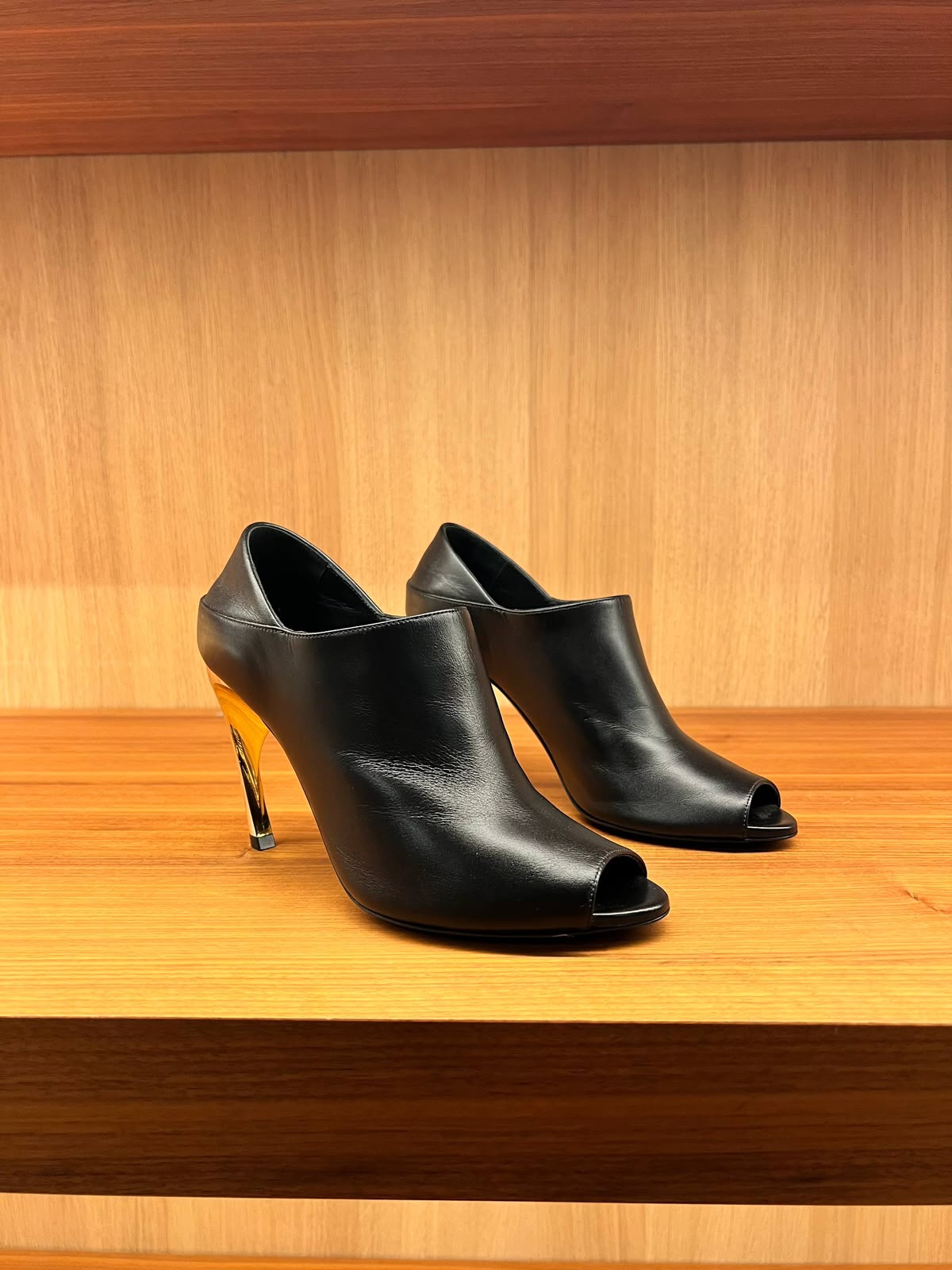 Peep-Toe Ankle Boots with Sculptural Gold Heel