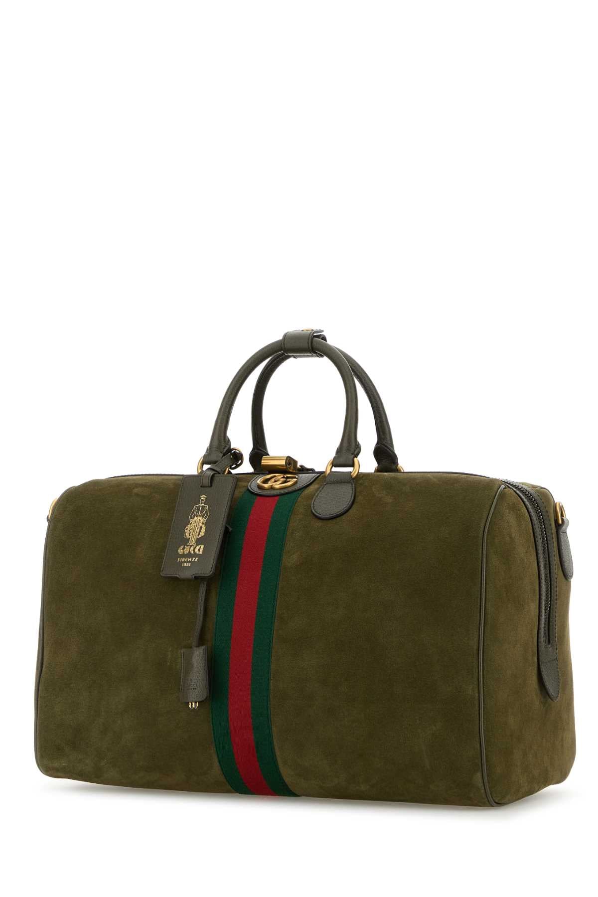 GUCCI TRAVEL BAG For Men Exterior: 100% Suede Lining: 100% Fabric Finishing: Antiqued golden metal
