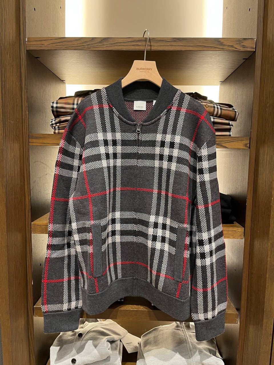 Check Wool Blend Zip-up Cardigan