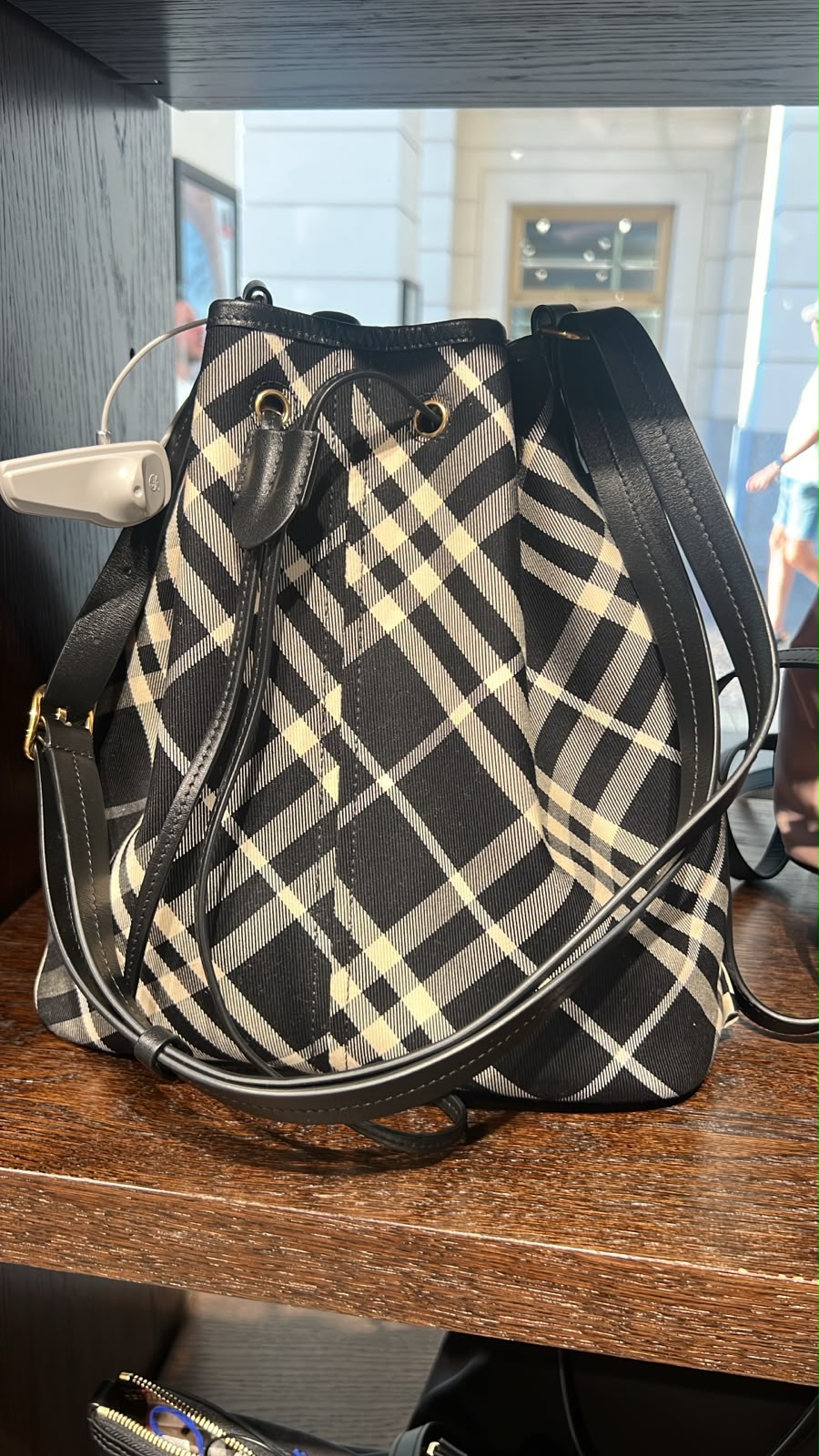 Check Canvas and Leather Bucket Bag