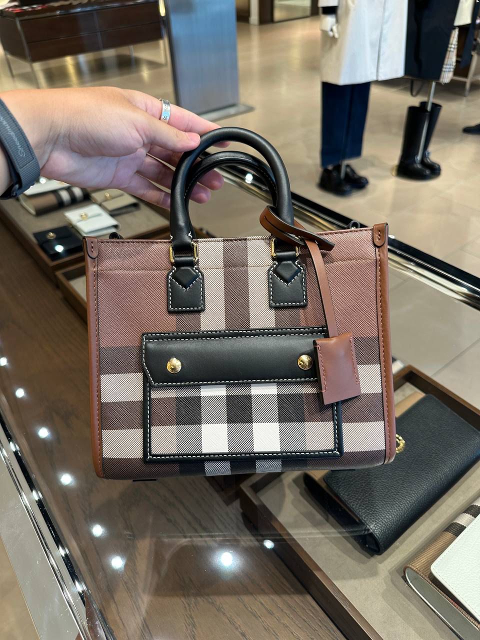 Small Check and Leather Tote Bag