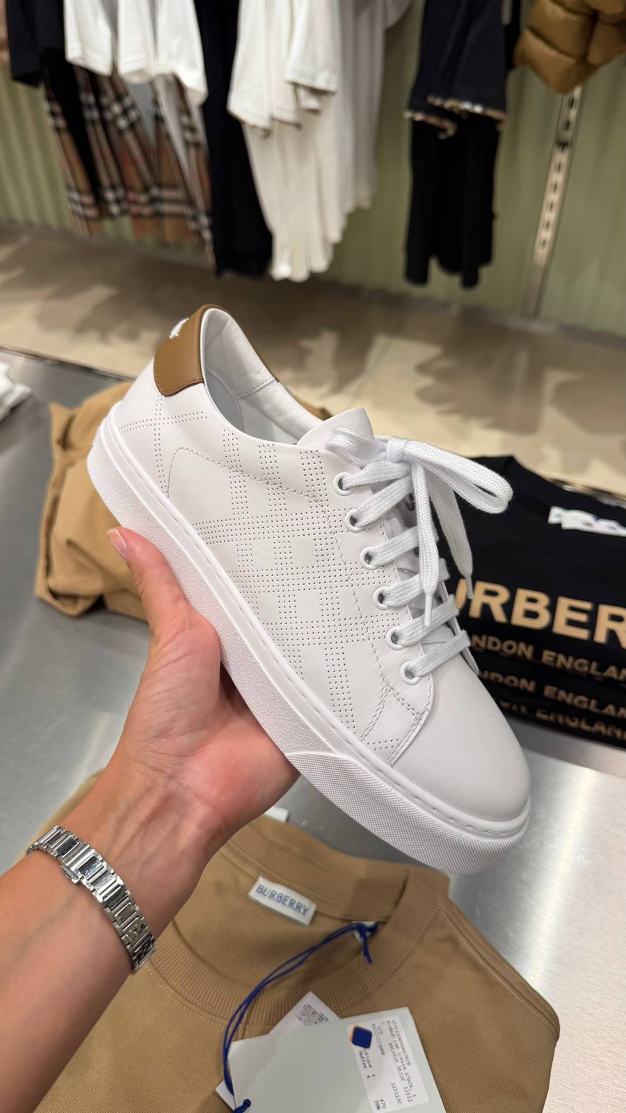Perforated Check Leather Sneakers